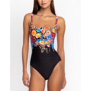 Johnny Was ruched Floral Black one-piece Swimsuit NWOT